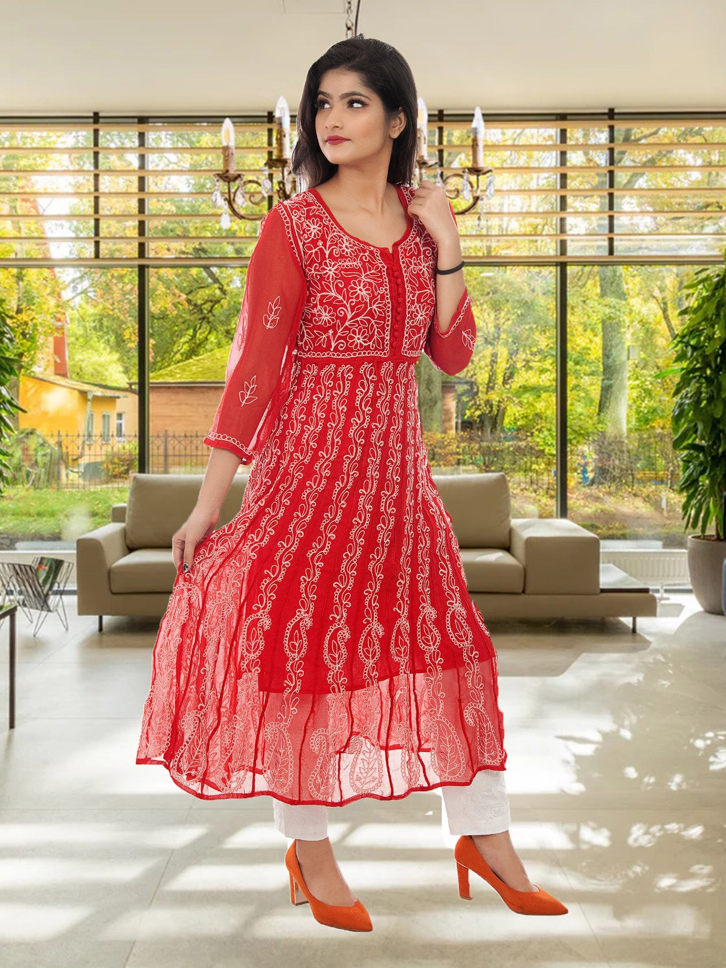 Lucknowi Chikankari Aari Embroidery Georgette Anarkali Kurti ( RED )with Matching Inner | ADR Chikan