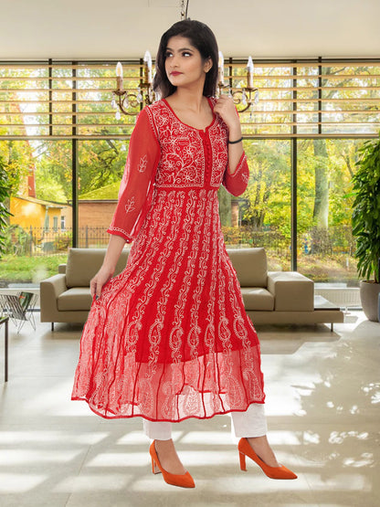 Lucknowi Chikankari Aari Embroidery Georgette Anarkali Kurti ( RED )with Matching Inner | ADR Chikan
