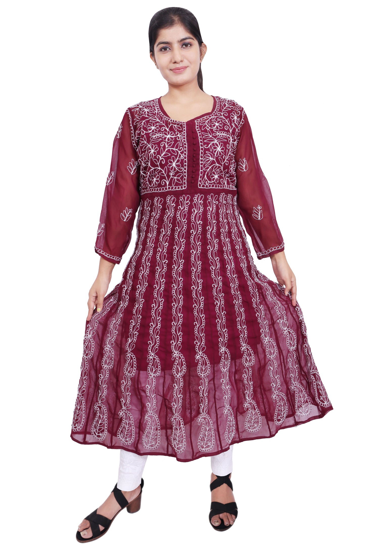 Lucknowi Chikankari Self-Tone Thread Aari Work Georgette 24-Kali Ankle-Length Anarkali with Matching Lining &amp; Lycra Cotton Stretchable Pant Set | ADR Chikan