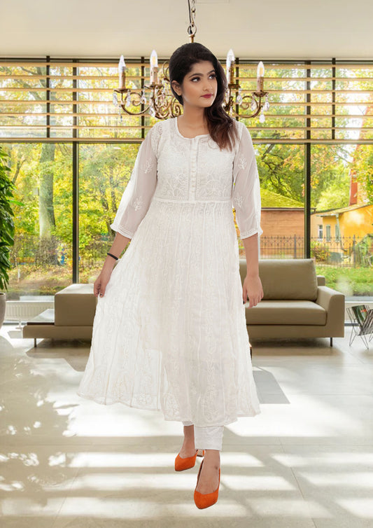 Lucknowi Chikankari Aari Embroidery Georgette Anarkali Kurti ( WHITE )with Matching Inner | ADR Chikan