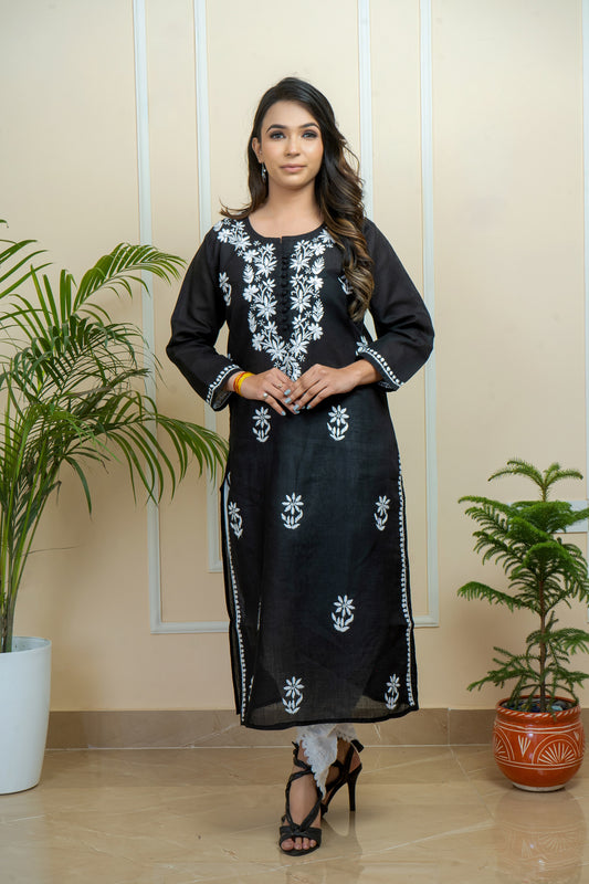 Celebrity Collection: Exquisite Lucknowi Chikankari Handwork Cotton Long Kurti by ADR Chikan