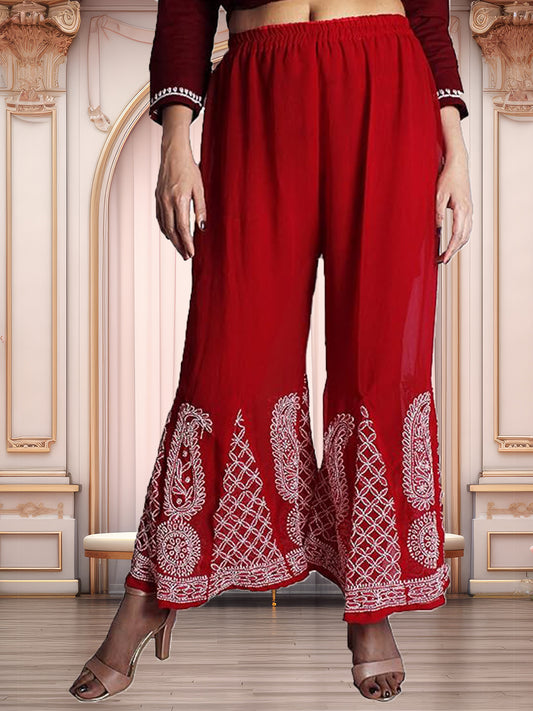 Lucknowi Chikankari Handwork Georgette Red/White Sharara by ADR Chikan