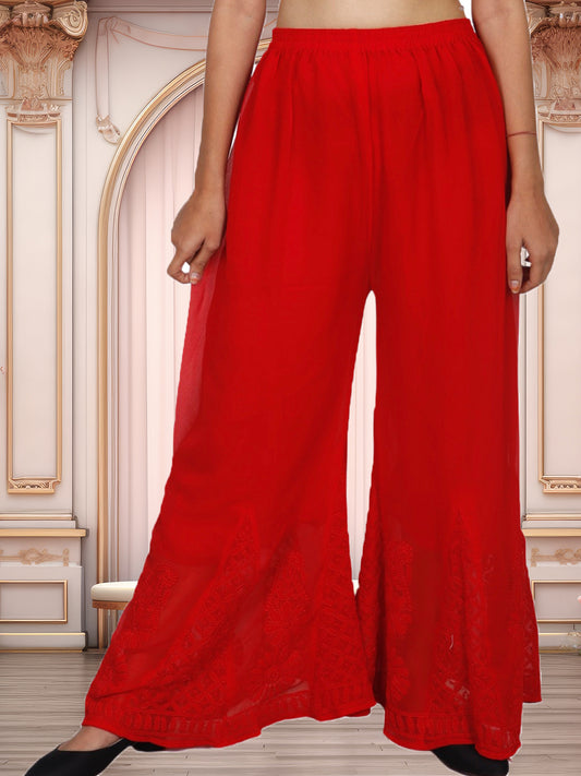 Lucknowi Chikankari Handwork Georgette Red Sharara by ADR Chikan