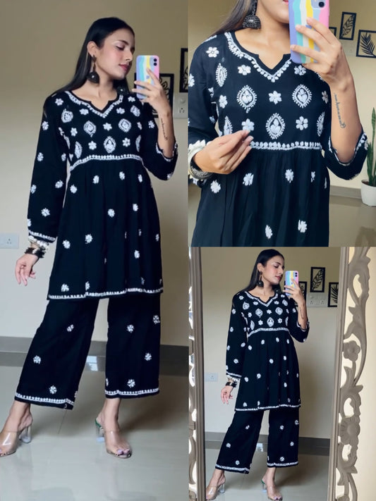 Nora Fatehi Lucknowi Chikankari Handwork Modal Black Color Kurta Palazzo Set