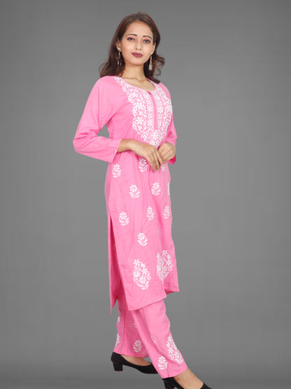 Trending Lucknowi Chikankari Embroidery Soft Rayon Kurta Palazzo Set