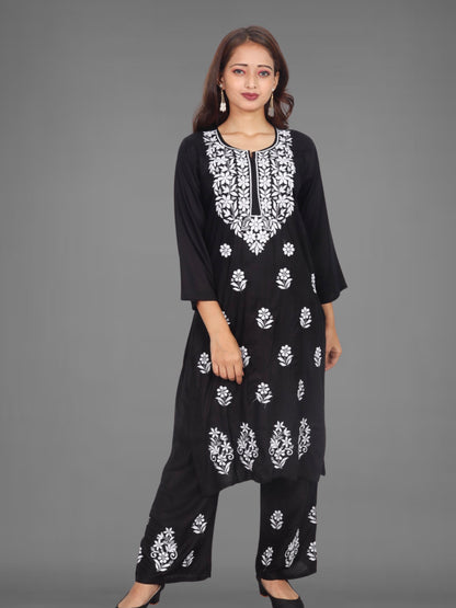 Trending Lucknowi Chikankari Embroidery Soft Rayon Kurta Palazzo Set
