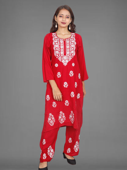 Trending Lucknowi Chikankari Embroidery Soft Rayon Kurta Palazzo Set
