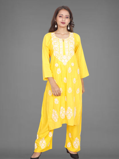 Trending Lucknowi Chikankari Embroidery Soft Rayon Kurta Palazzo Set
