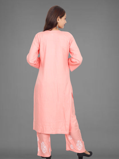 Trending Lucknowi Chikankari Embroidery Soft Rayon Kurta Palazzo Set