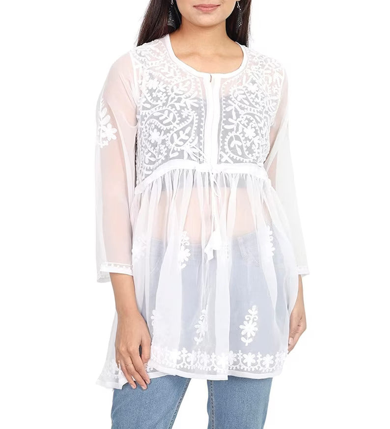 A-line Short Kurti White Floral Embroidered Thread Work Pure Cotton Thread  Work Pleated Kurti Indian Tunic Tunic Top Kurti on Jeans - Etsy