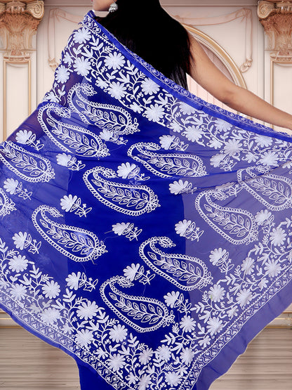 Fancy Butta Design Pallu Chikankari Embroidery Royal Blue Saree