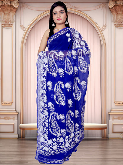 Fancy Butta Design Pallu Chikankari Embroidery Royal Blue Saree