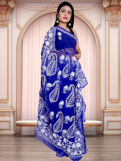 Fancy Butta Design Pallu Chikankari Embroidery Royal Blue Saree