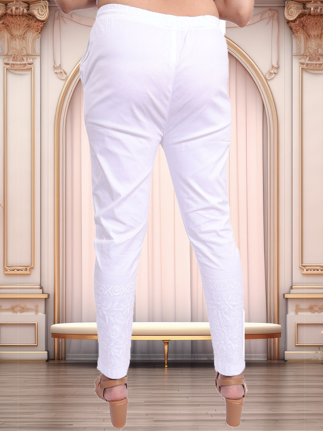 "Lucknowi Chikankari Embroidered Cotton Lycra Stretchable Pants – Elegance Meets Comfort"