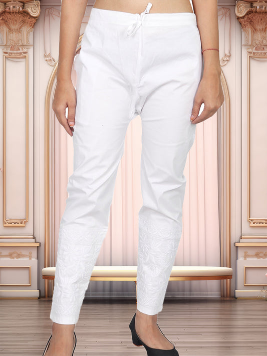 "Lucknowi Chikankari Embroidered Cotton Lycra Stretchable Pants – Elegance Meets Comfort"