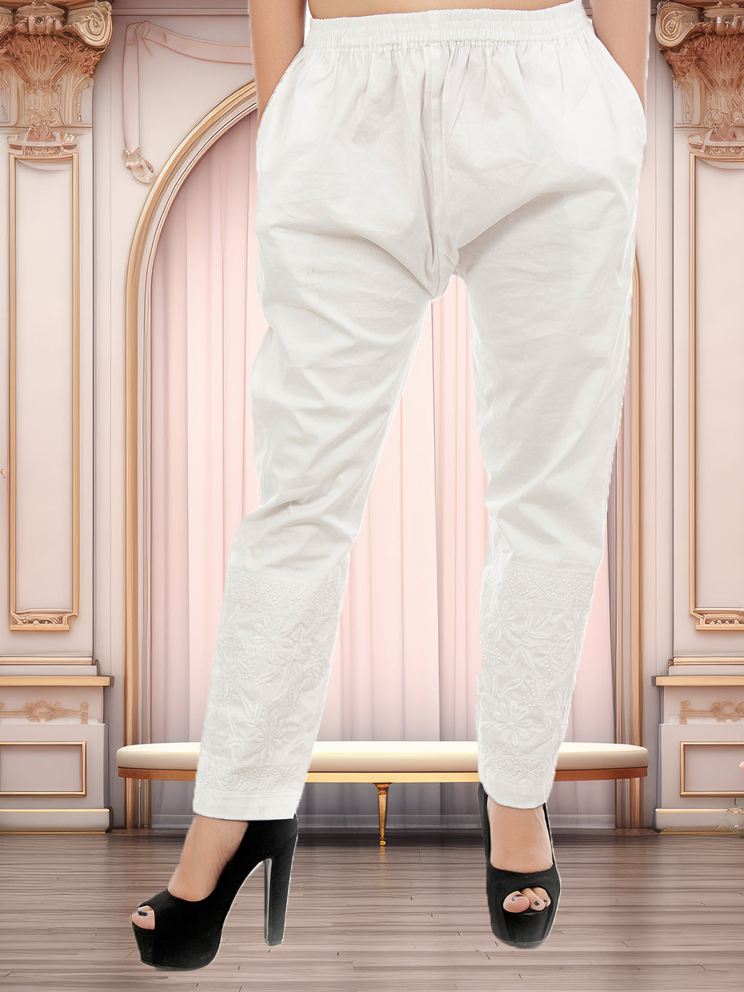 "Lucknowi Chikankari Embroidered Cotton Lycra Stretchable Pants – Elegance Meets Comfort"