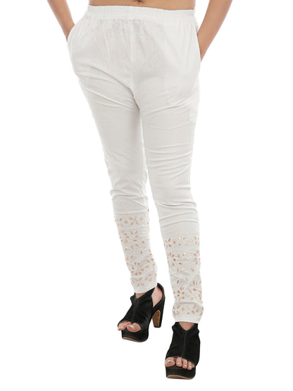 Lucknowi Chikankari Gota Patti Work White lycra stretchable Pants For Women.