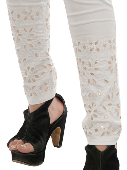Lucknowi Chikankari Gota Patti Work White lycra stretchable Pants For Women.