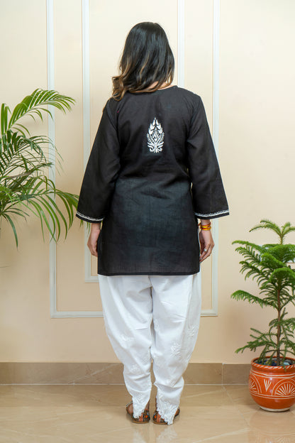 Fusion of Tradition & Elegance Lucknowi Chikankari Short Kurti with White Cotton Dhoti Style  Pant Set