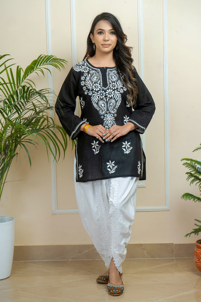 Fusion of Tradition & Elegance Lucknowi Chikankari Short Kurti with White Cotton Dhoti Style  Pant Set