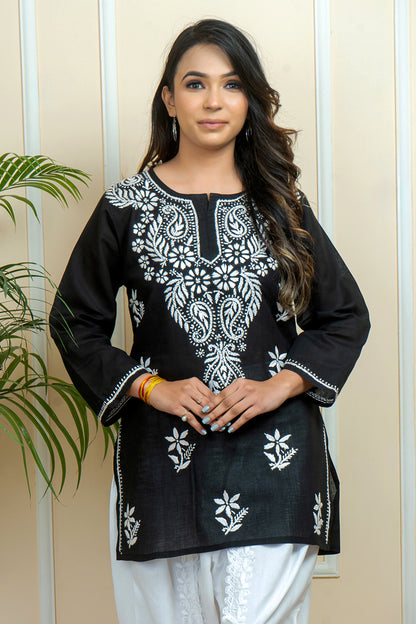 ADR CHIKAN Handwork Embroidery Short Chikankari Black Kurti