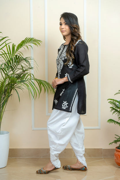 Fusion of Tradition & Elegance Lucknowi Chikankari Short Kurti with White Cotton Dhoti Style  Pant Set