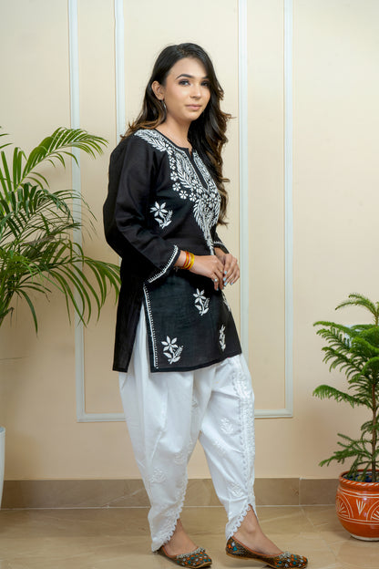 Fusion of Tradition & Elegance Lucknowi Chikankari Short Kurti with White Cotton Dhoti Style  Pant Set