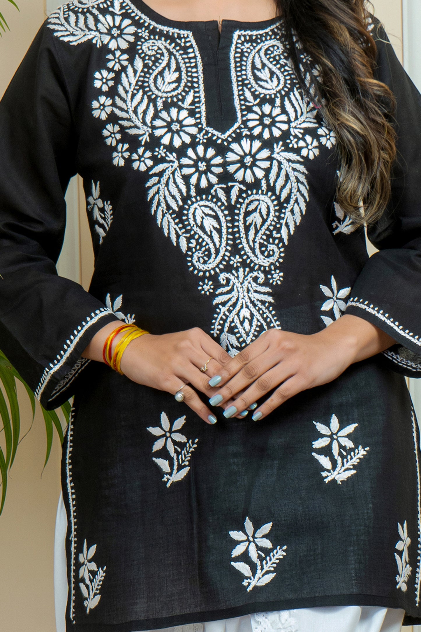 Fusion of Tradition & Elegance Lucknowi Chikankari Short Kurti with White Cotton Dhoti Style  Pant Set
