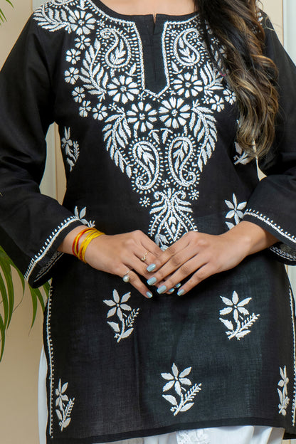 Fusion of Tradition & Elegance Lucknowi Chikankari Short Kurti with White Cotton Dhoti Style  Pant Set