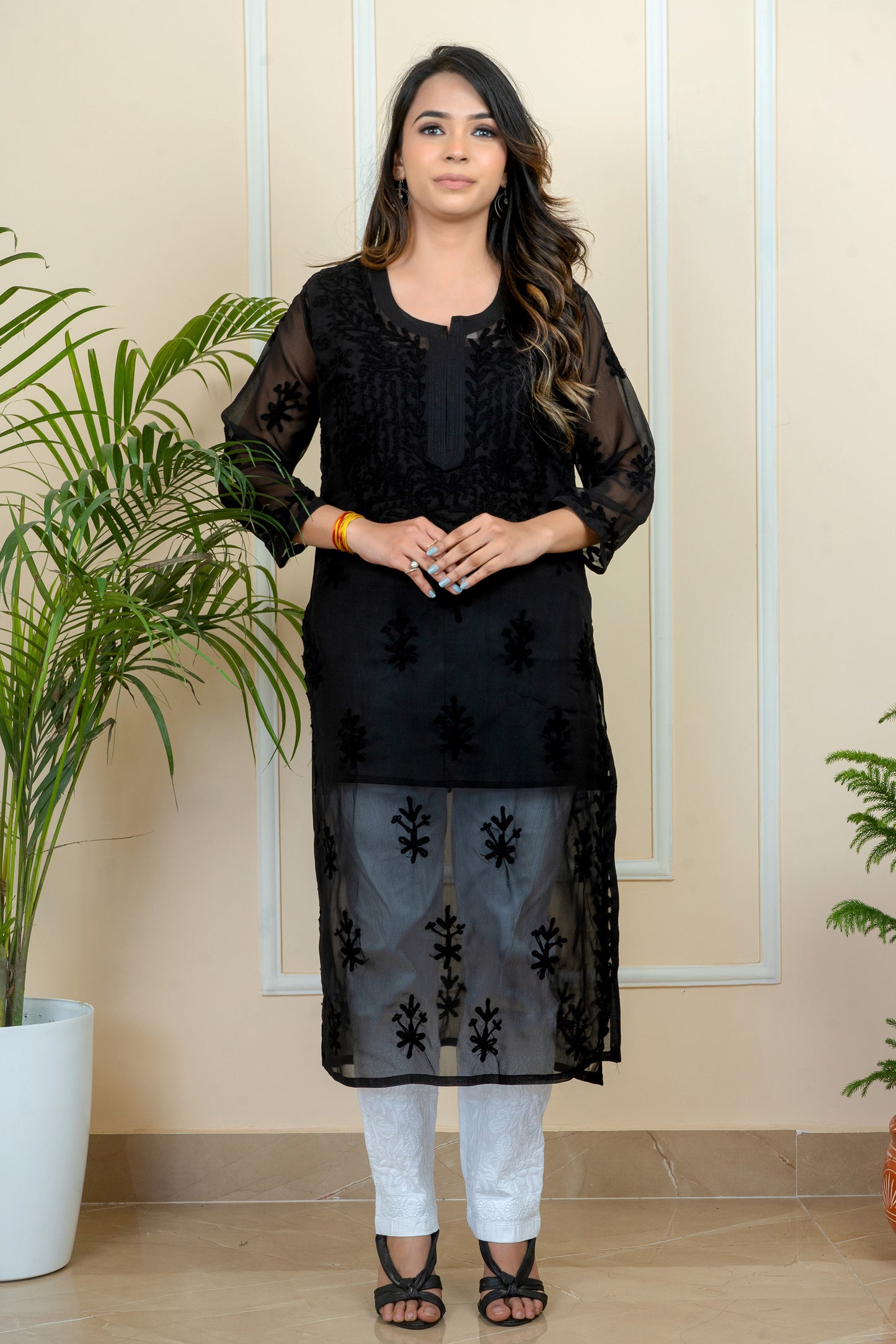 Lucknowi Chikankari & Kashmiri Aari Work Gala Booti (Black) Kurti – A Blend of Tradition & Elegance