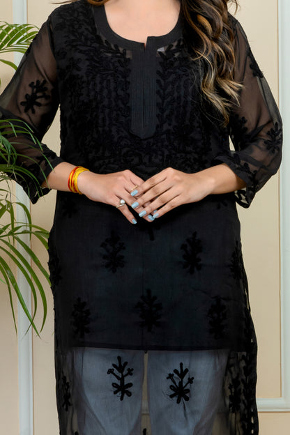 Lucknowi Chikankari & Kashmiri Aari Work Gala Booti (Black) Kurti – A Blend of Tradition & Elegance