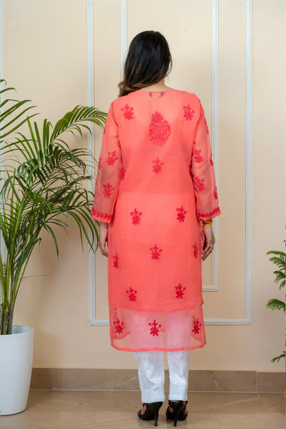 Lucknowi Chikankari & Kashmiri Aari Work Gala Booti ( PEACH ) Kurti – A Blend of Tradition & Elegance