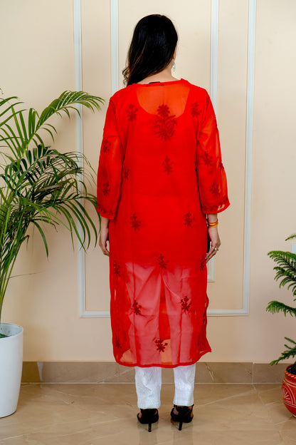 Lucknowi Chikankari & Kashmiri Aari Work Gala Booti ( RED )Kurti – A Blend of Tradition & Elegance