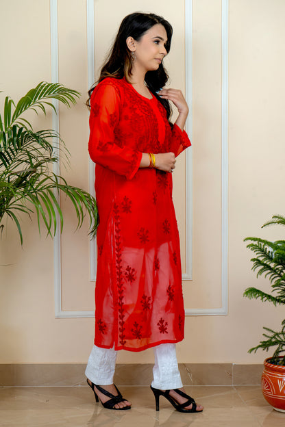 Lucknowi Chikankari & Kashmiri Aari Work Gala Booti ( RED )Kurti – A Blend of Tradition & Elegance