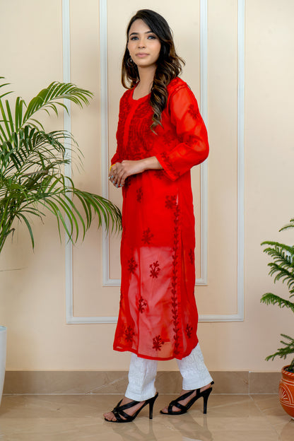 Lucknowi Chikankari & Kashmiri Aari Work Gala Booti ( RED )Kurti – A Blend of Tradition & Elegance