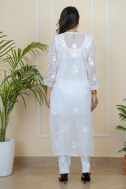 Lucknowi Chikankari & Kashmiri Aari Work Gala Booti Kurti with Chikankari Pant Set(Color Chart)
