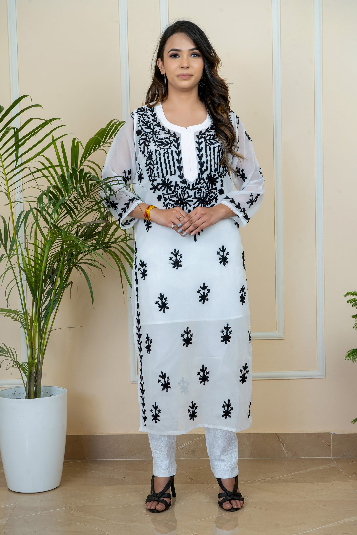 Lucknowi Chikankari & Kashmiri Aari Work Gala Booti (colour chart) Kurti – A Blend of Tradition & Elegance
