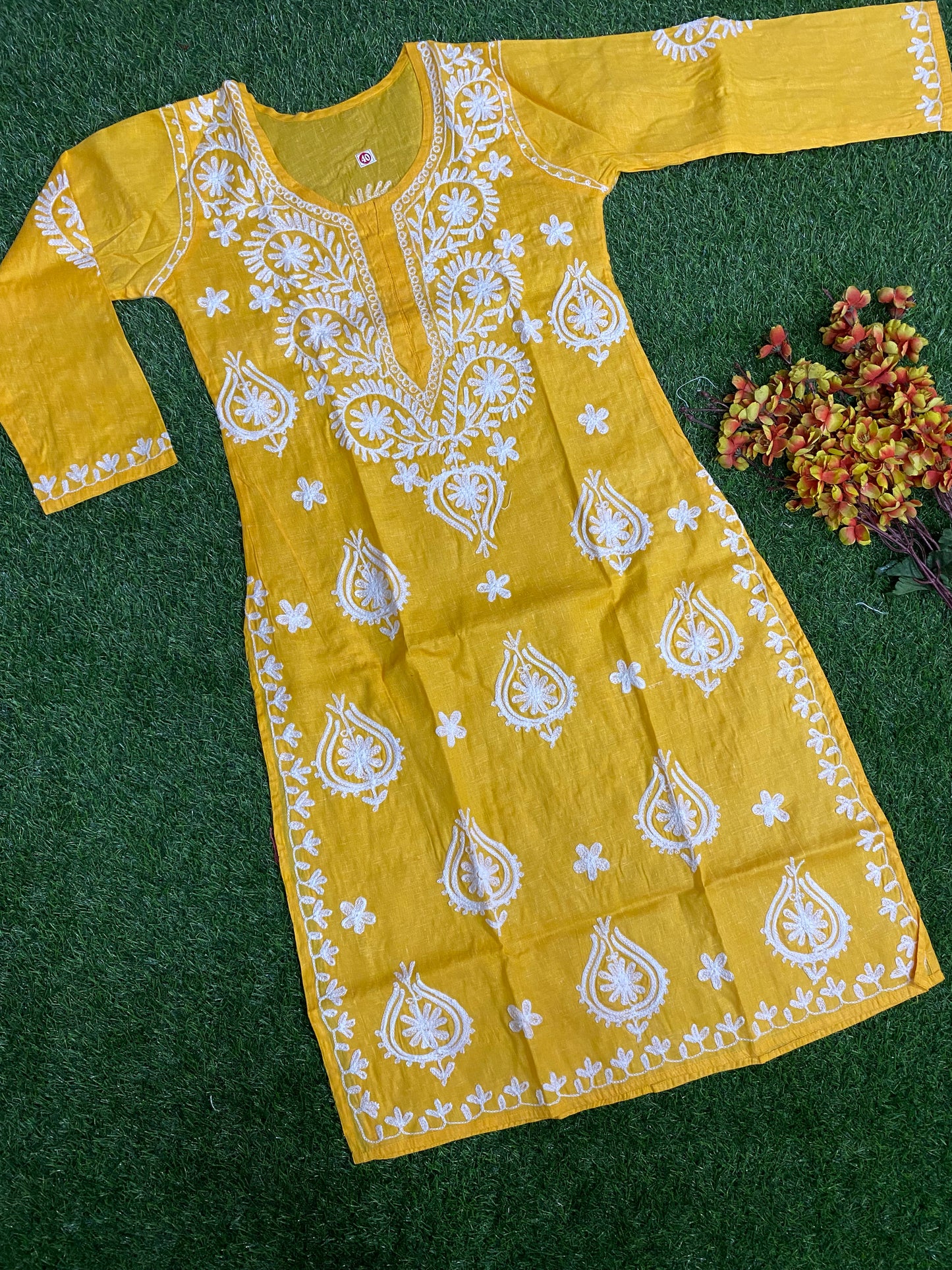 Ferra Lucknowi chikankari Aari work Cotton Mustard Yellow Color Long Kurtis