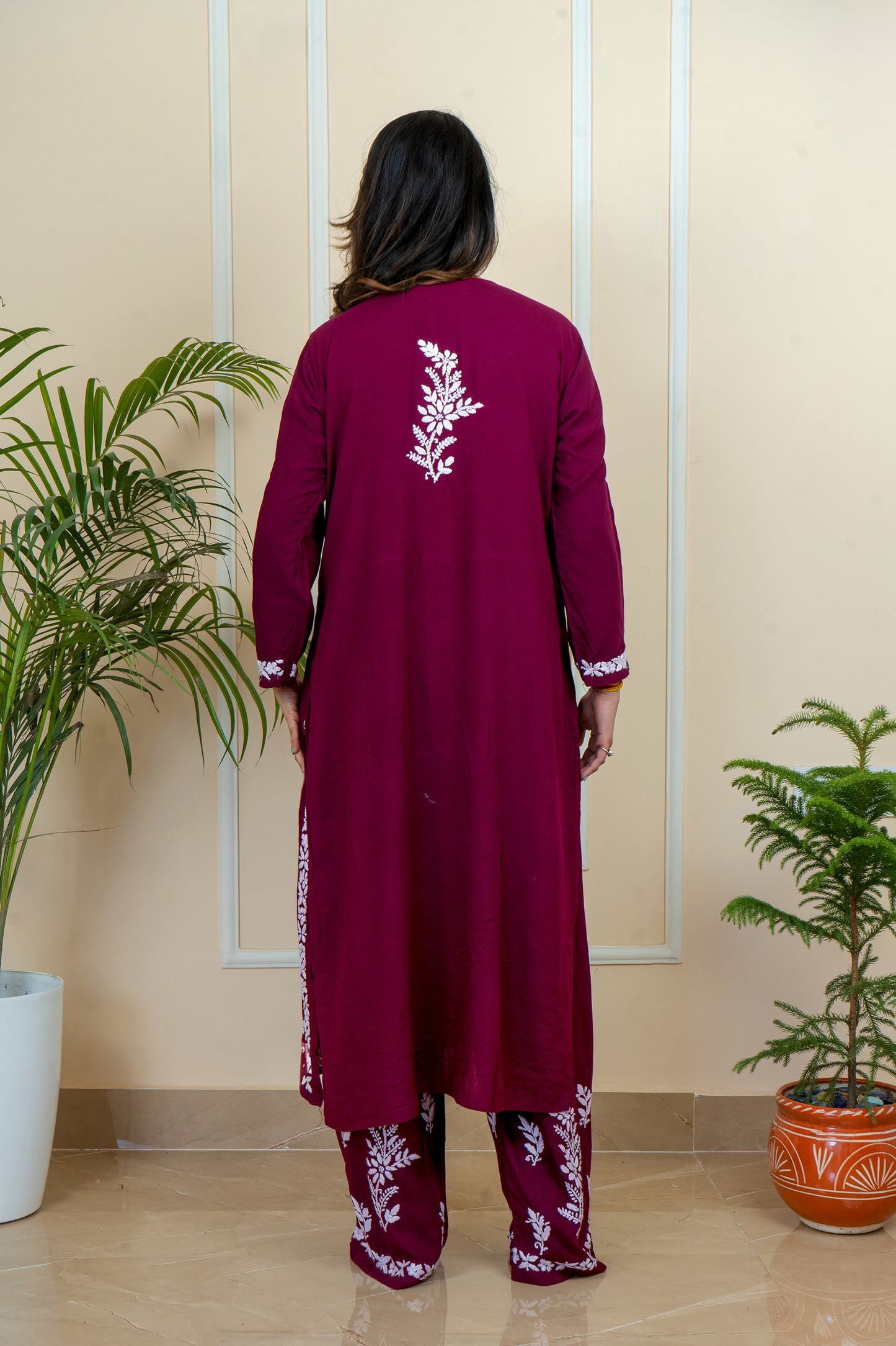 Elegance & Comfort Lucknowi Chikankari Handcrafted Modal Long Kurti with Matching Embroidery Palazzo (Color Chart)