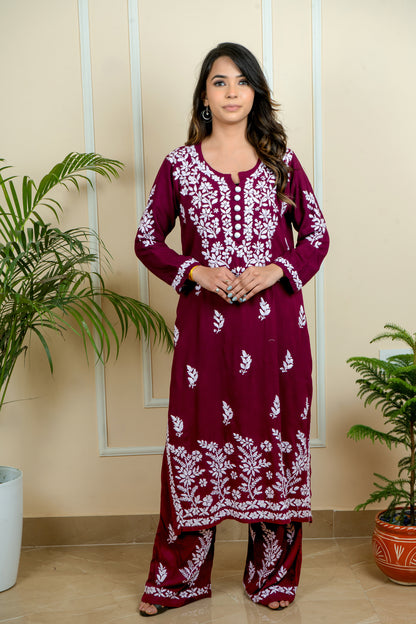 Elegance & Comfort Lucknowi Chikankari Handcrafted Modal Long Kurti with Matching Embroidery Palazzo (Color Chart)