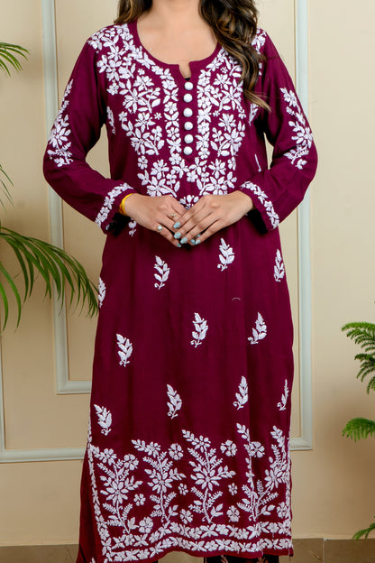 Elegance & Comfort Lucknowi Chikankari Handcrafted Modal Long Kurti with Matching Embroidery Palazzo (Color Chart)