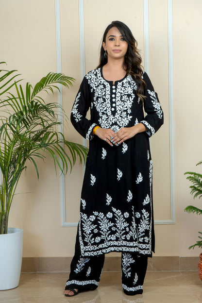 Elegance & Comfort Lucknowi Chikankari Handcrafted Modal Long Kurti with Matching Embroidery Palazzo (Color Chart)
