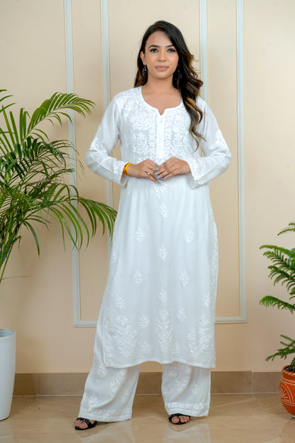 Elegance & Comfort Lucknowi Chikankari Handcrafted Modal Long Kurti with Matching Embroidery Palazzo (Color Chart)