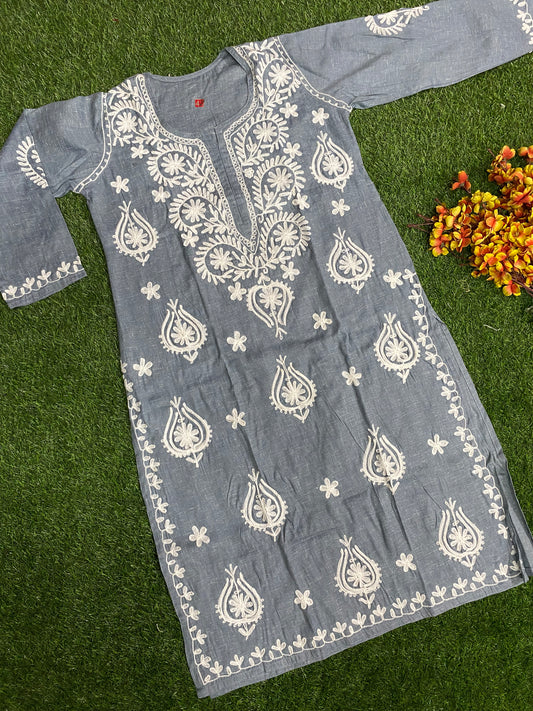 Ferra Lucknowi chikankari Aari work Cotton Grey Color Long Kurtis