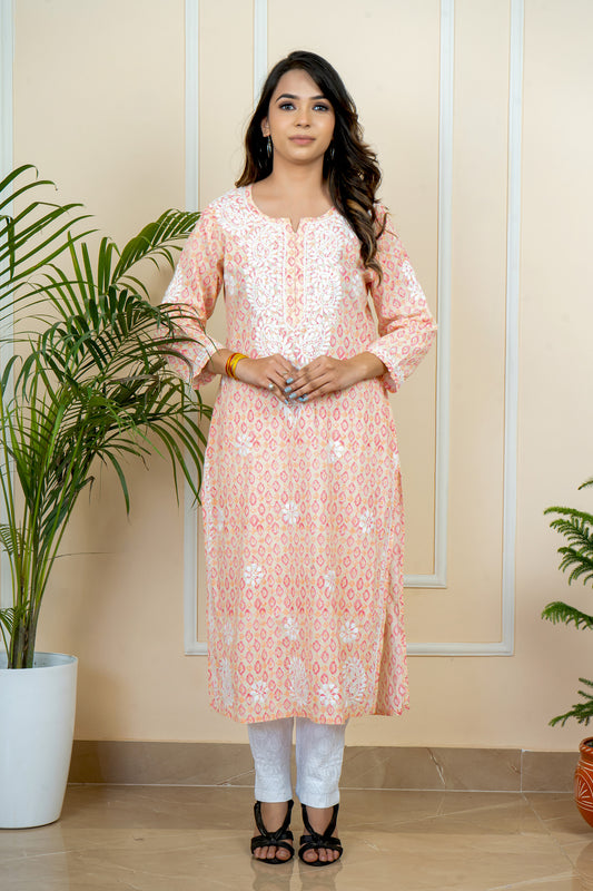 Lucknowi Chikankari Handcrafted Printed Cotton Kurti | ADR Chikan