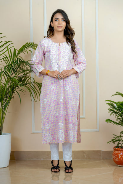 Lucknowi Chikankari Handcrafted Printed Cotton Kurti | ADR Chikan