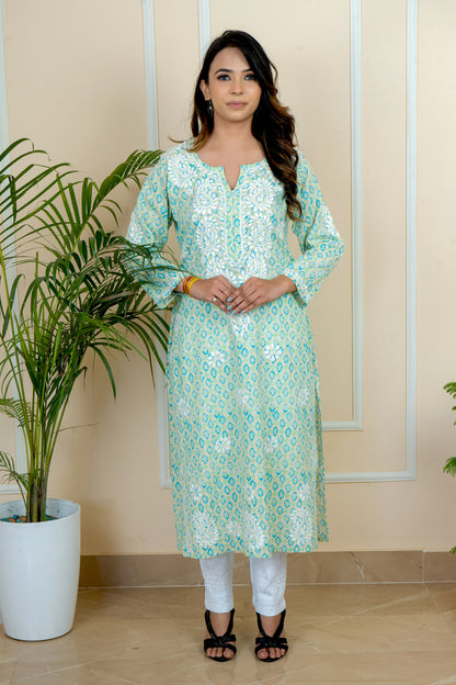 Lucknowi Chikankari Handcrafted Printed Cotton Kurti | ADR Chikan