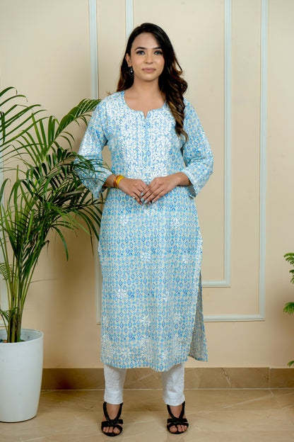 Lucknowi Chikankari Handcrafted Printed Cotton Kurti | ADR Chikan