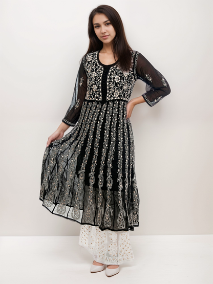 Lucknowi Chikankari Gota Patti Work Anarkali Gown with Gota Patti Sharara Set | ADR Chikan