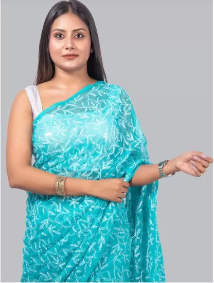 "ADR Women's Lucknow Chikankari Tepchi Work Georgette Saree (Color Chart Available)"